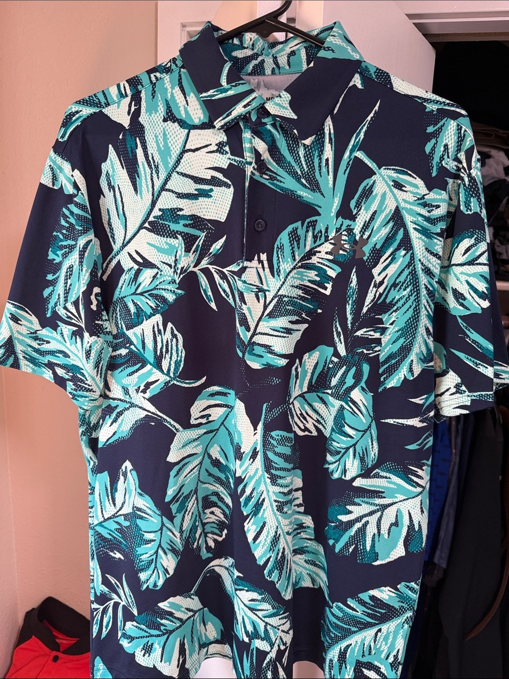 Under Armour Men's Navy Tropical Leaf Golf Polo Shirt - Teal Print